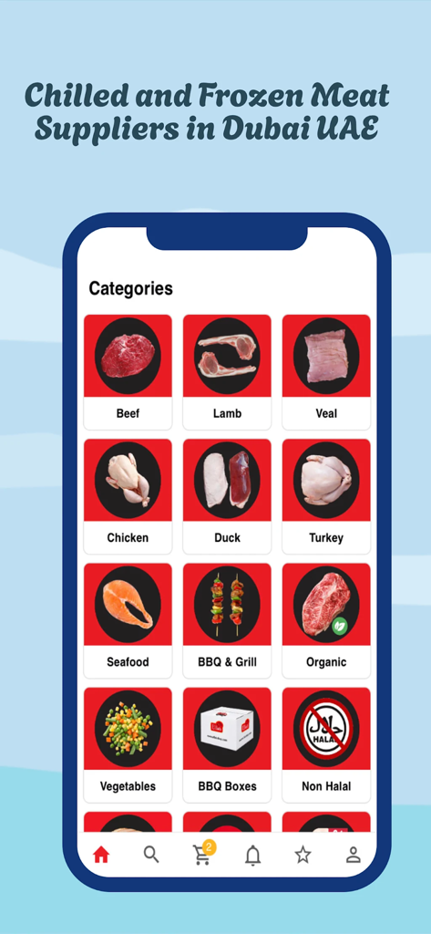 Elfab - Mobile app interface for Elfab showing grocery categories for halal meat poultry and seafood.