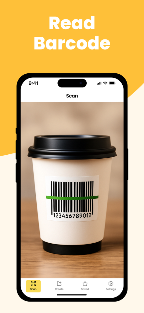 QR & Barcode Scanner Max - iPhone screen showing the QR and Barcode Scanner Max app scanning a barcode on a coffee cup.
