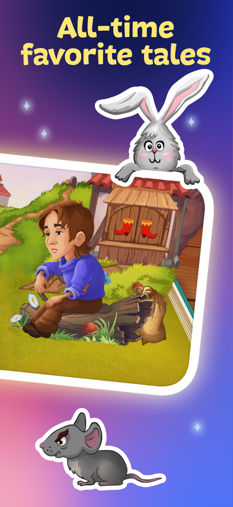 Books for Kids and Toddlers - Escena interactiva de un libro de cuentos de hadas con un niño y personajes animales ilustrados