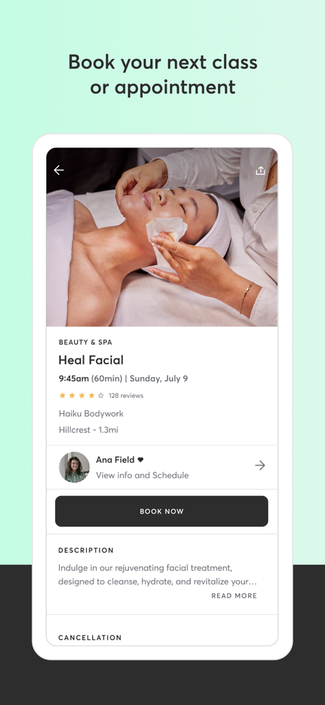 Mindbody: Fitness & Wellness - Interfaz de la aplicación Mindbody que muestra una página de reserva para una cita facial en un estudio de belleza y spa