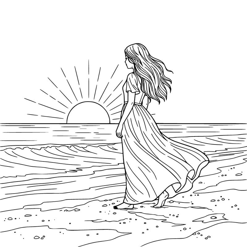 girl standing on the sand and she face the sunset and she is wearing a long dress and her hair is long too