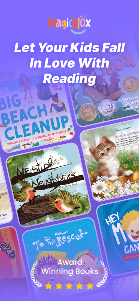 MagicBlox: Reading Books - A collection of colorful award winning children's book covers on the MagicBlox app with the text Let Your Kids Fall In Love With Reading.