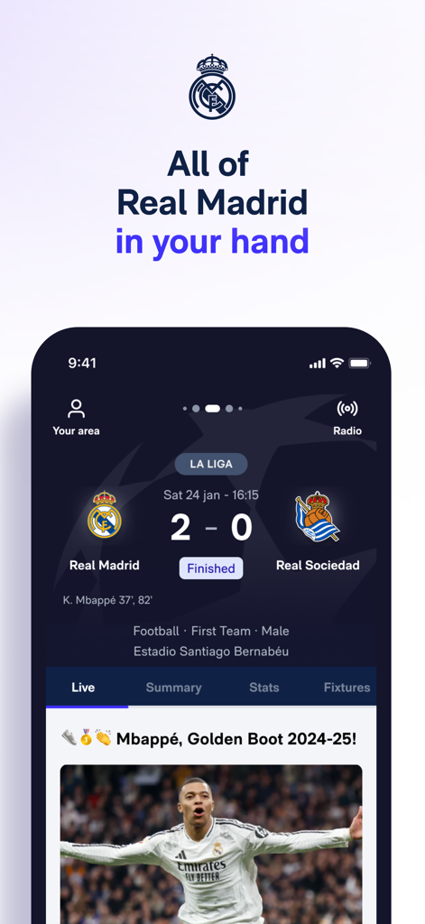 Real Madrid - Écran de l'application Real Madrid affichant une victoire 2-0 et des actualités sur Kylian Mbappé.