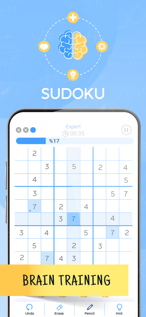 Sudoku: Classic Brain Puzzle - Sudoku game interface on a smartphone with a brain logo and brain training banner
