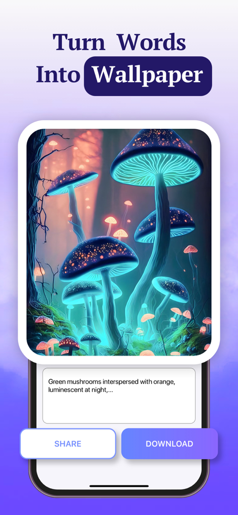 AI Detector: Text Verify - Fonctionnalité de générateur de fond d'écran IA montrant une scène de champignon luminescent créée à partir d'une invite textuelle