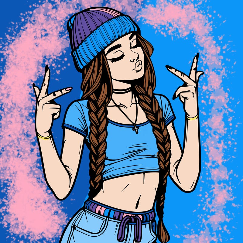 realistic teenage girl with braids and a beanie and crop top doing 🫶🏼