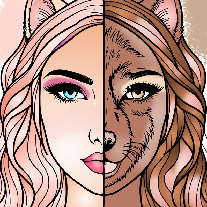 split face realistic woman and wolf