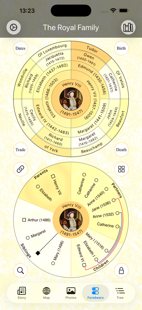 Eine kreisförmige Familienstammbaum-Visualisierung namens Wonder Wheel in der Forebears-Genealogie-App, die die britische Königsfamilie zeigt