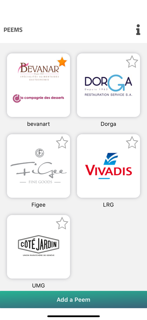VGPeem - ecommerce solution - A grid of favorite suppliers displayed on the PEEMS screen within the VGPeem app