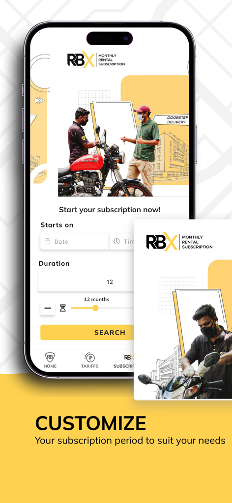 Royal Brothers - Bike Rentals - Uno schermo di smartphone che mostra la pagina di personalizzazione dell'abbonamento mensile per il noleggio di moto Royal Brothers RBX