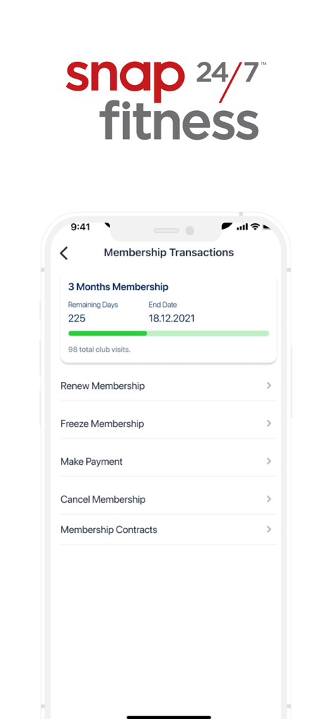 Snap Fitness - Snap Fitness 앱 멤버십 거래 화면으로 갱신 및 결제 옵션 표시