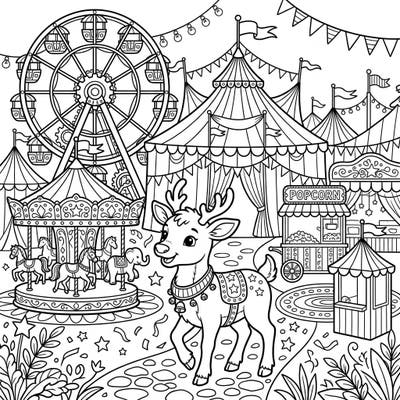Enter a world of festive fun with this delightful coloring page featuring a charming reindeer calf at a bustling carnival. Explore intricate details of Ferris wheels, merry-go-rounds, and popcorn stands as you bring this lively scene to vibrant life.