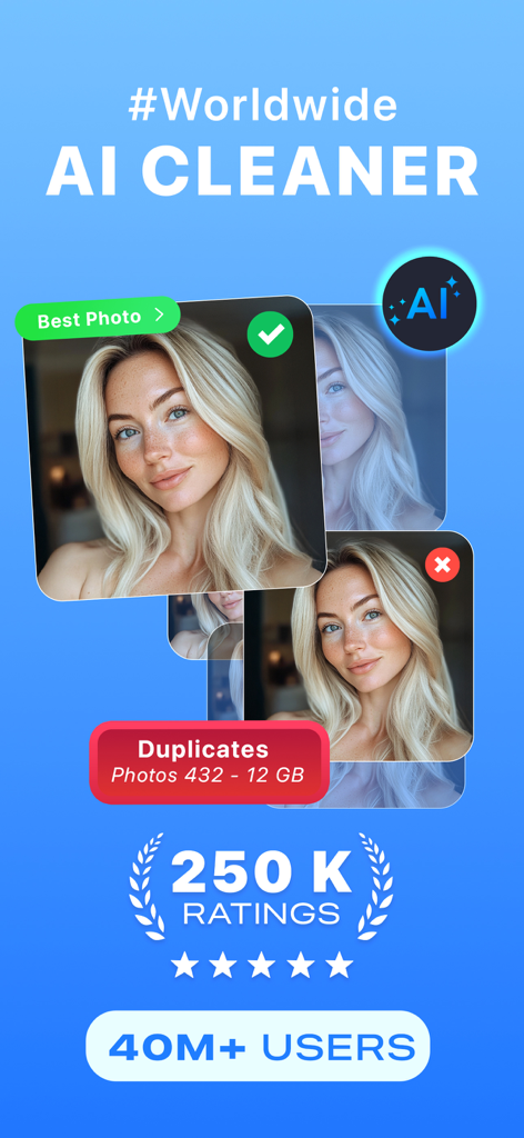 Duplicate Photos Cleaner AI - Interfaz de la aplicación de limpieza IA que muestra la detección de fotos duplicadas y la selección de la mejor foto para ahorrar espacio de almacenamiento