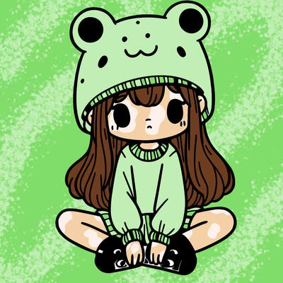 a girl wearing a frog hat and some frog socks