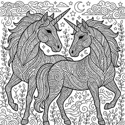 Discover the magic of two majestic Shadow Unicorns, intricately designed in the mesmerizing Zentangle style. This detailed coloring page offers a captivating artistic challenge for all ages.