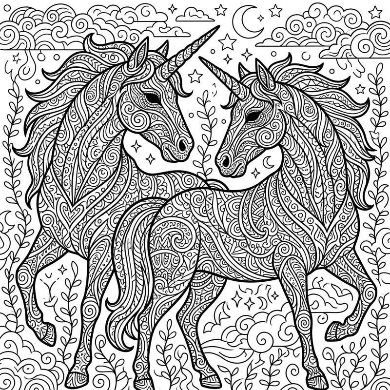 Discover the magic of two majestic Shadow Unicorns, intricately designed in the mesmerizing Zentangle style. This detailed coloring page offers a captivating artistic challenge for all ages.