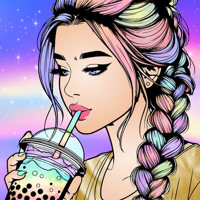 realistic girl drinking boba tea with braided hair