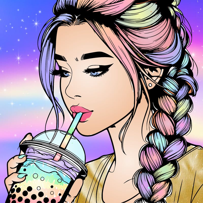 realistic girl drinking boba tea with braided hair