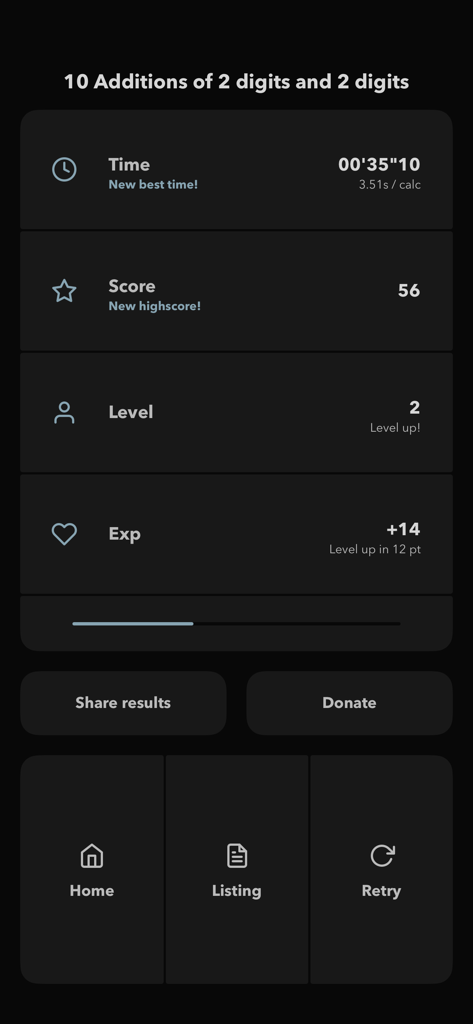 Ninimaths - A summary screen in Ninimaths showing time, high score, level up, and experience points after a mental math exercise.