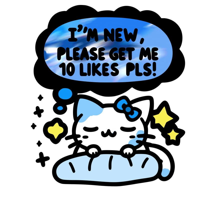 kitty taking a nap dream talking and saying "i'm new, please get me at least 10 likes pls!!"