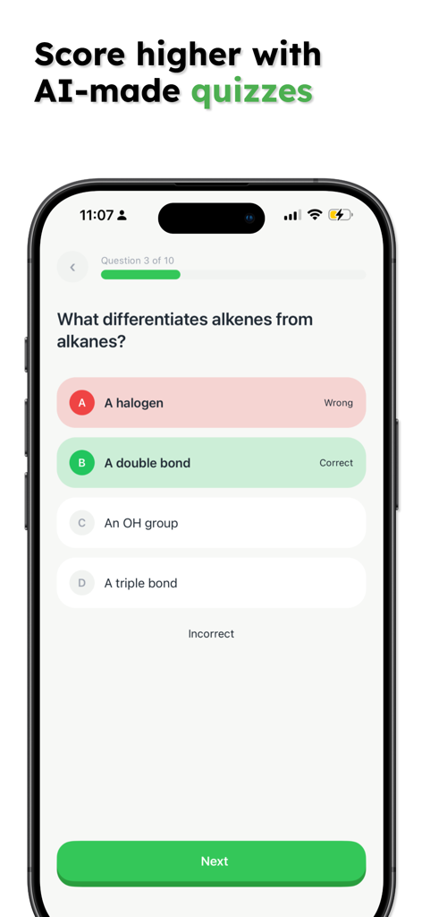 Memorize - Study Smarter - Uma interface de aplicativo móvel exibindo uma pergunta de quiz de múltipla escolha gerada por IA sobre química.