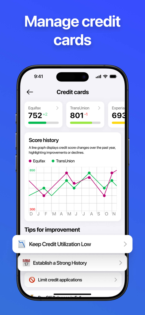 Credit Score Check - Dashboard of the Credit Score Check app showing score history chart and financial improvement tips