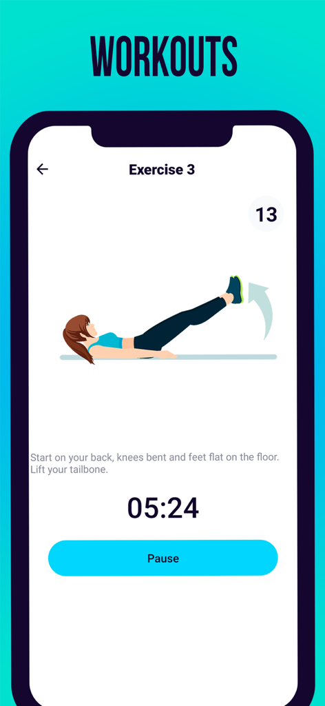 Butt And Legs Workout Fitness - Interfaz de una aplicación móvil que muestra a una mujer ilustrada realizando un ejercicio de elevación de piernas con un temporizador de entrenamiento y un botón de pausa