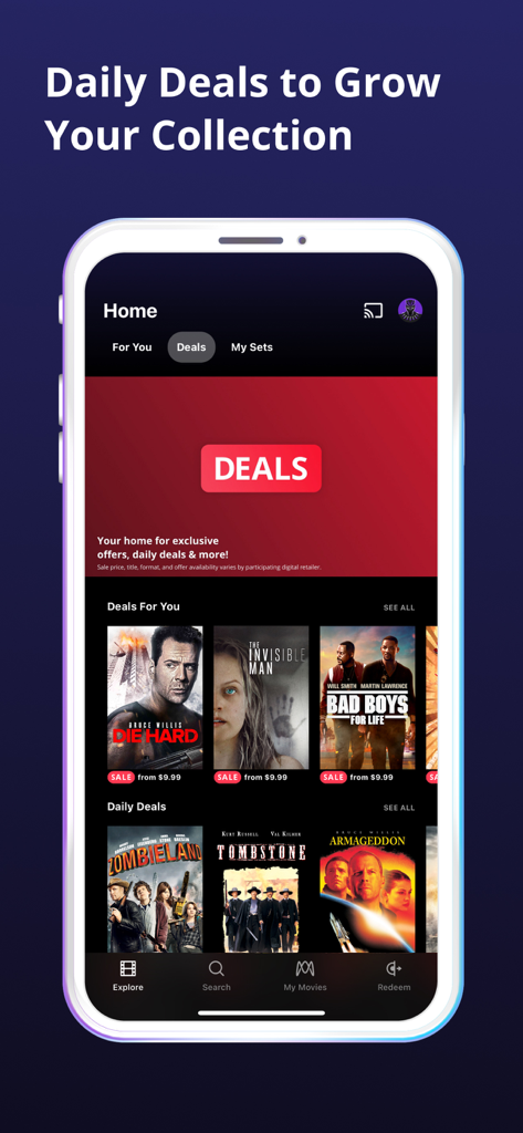 Movies Anywhere - Interfaccia dell'app Movies Anywhere che mostra le offerte giornaliere di film con vari titoli in vendita.