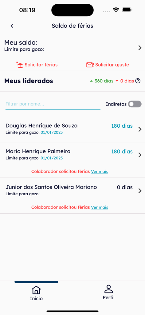 MySpace - A screen within the MySpace HCM app showing vacation balances and team management tools.