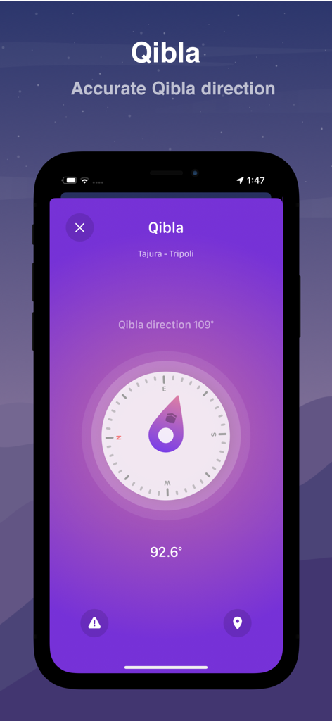 Moatheni: Muslim Prayer Times - Interfaccia dell'app Moatheni che mostra un'accurata bussola di direzione Qibla.
