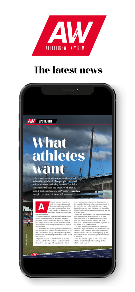Athletics Weekly Magazine - Athletics Weekly Magazine app showing a digital sports news article on a smartphone.