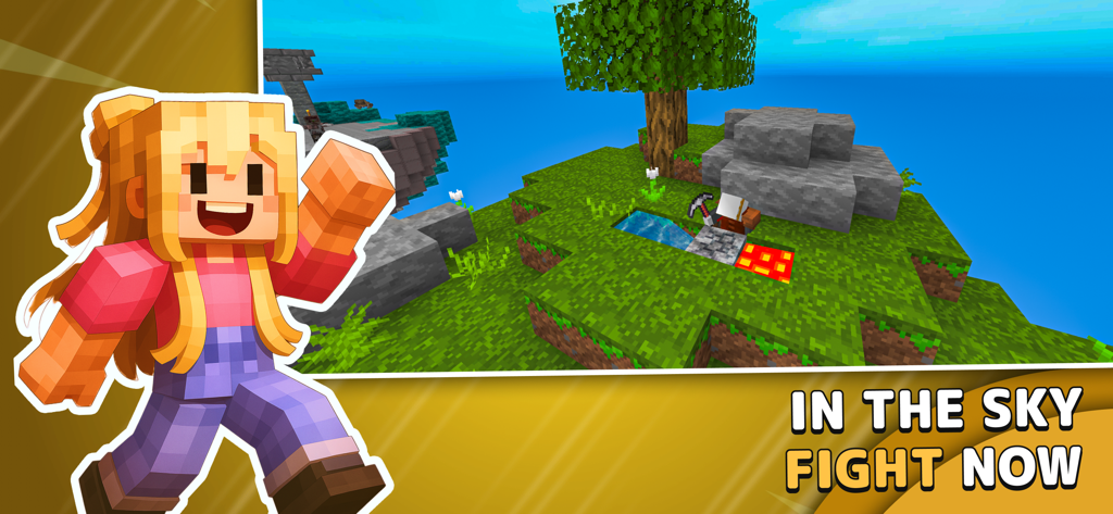 Blocky character cheering in front of a floating island in Block Legends Sky mode