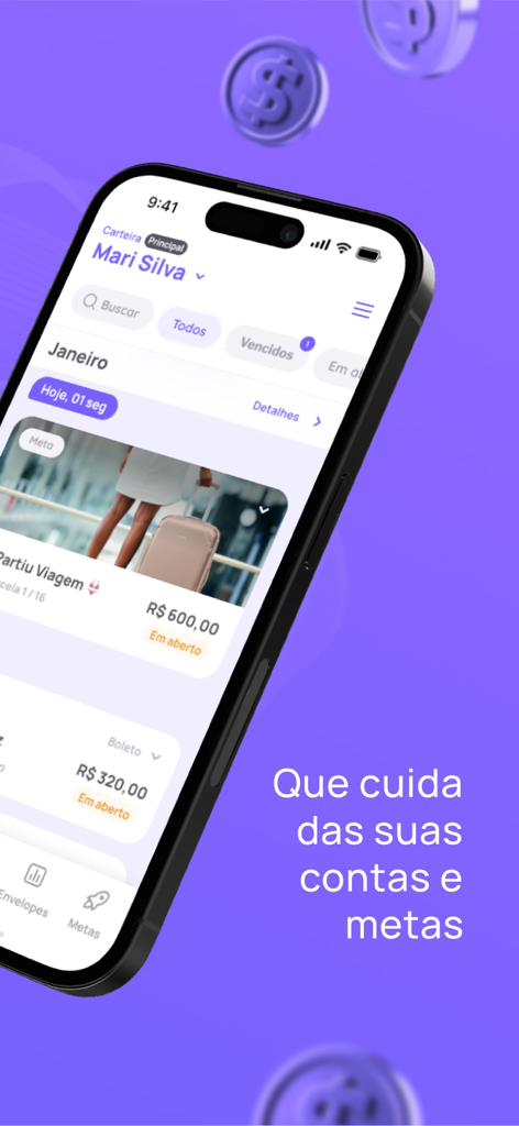 Uno smartphone che mostra l'interfaccia dell'app dell'assistente finanziario Nath che mostra obiettivi di risparmio e tracciamento delle bollette.