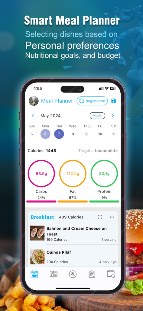 Meal Planner – Eating well - Um smartphone exibindo um aplicativo de planejamento de refeições com detalhamento nutricional de macros para carboidratos, gorduras, proteínas e ideias de receitas de café da manhã