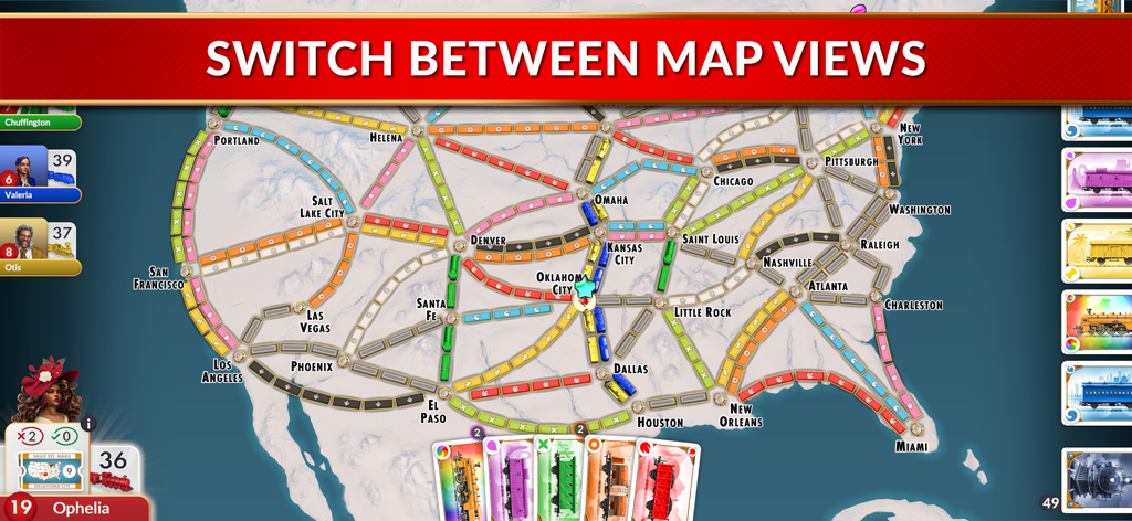A strategic map view of Ticket to Ride USA showing colorful train routes and player avatars