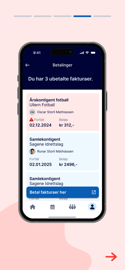 Min idrett - Mobile app screen showing unpaid sports invoices and payment options for members and their children