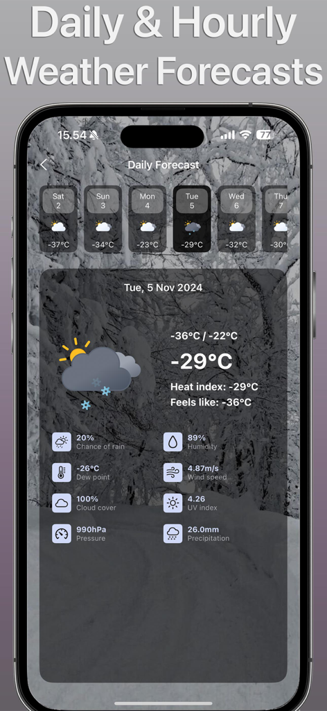 Pantalla de iPhone mostrando el pronóstico meteorológico diario detallado con datos de temperatura, humedad y velocidad del viento