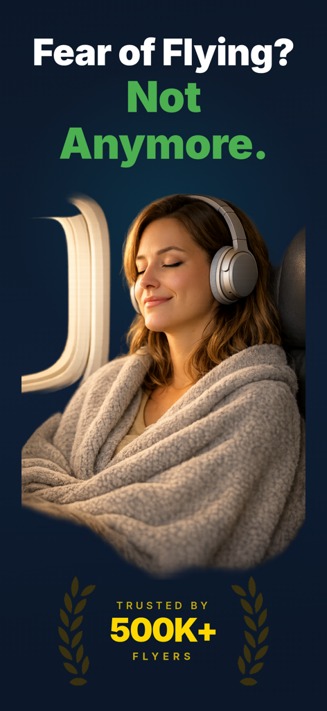 Turbulence Forecast - Flight+ - A calm woman wearing headphones on a flight illustrating fear of flying relief