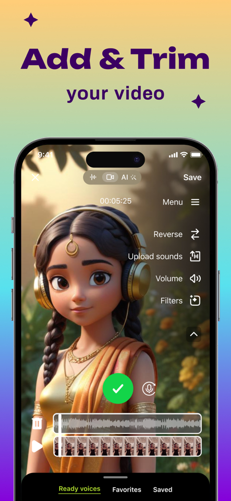 Interface of the Auto Voice Tune app showing video trimming and audio editing tools