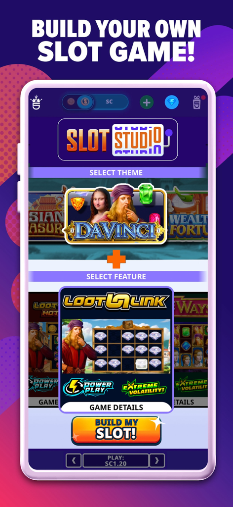 Interfaccia dell'app High 5 Casino che mostra la funzione Slot Studio per creare un gioco di slot personalizzato