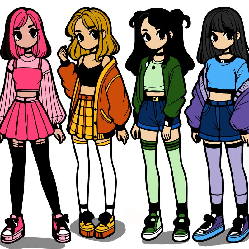 one girl with crop-top shirt and a jacket with a skirt, long socks and another girl with a shirt and pants with a jacket