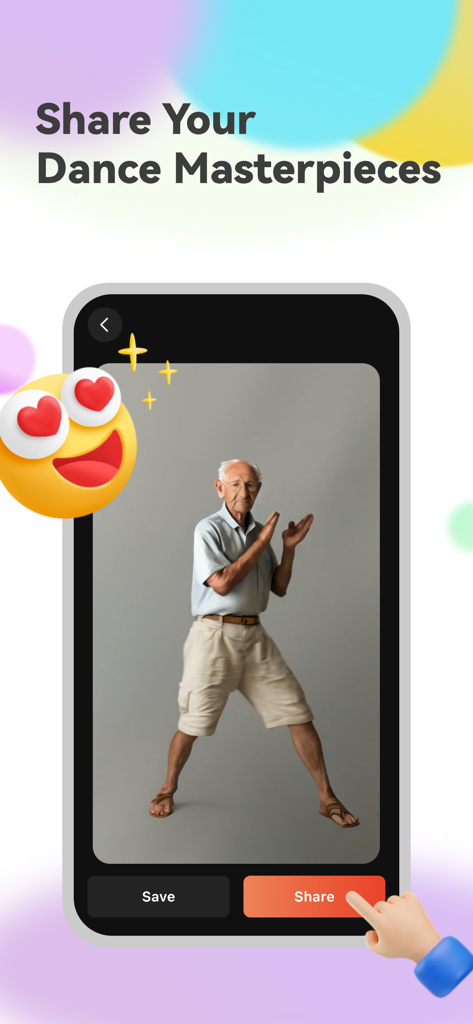 Swagme: AI Dance Animator - Écran de smartphone montrant une photo animée par IA d'un homme âgé dansant avec des options pour sauvegarder ou partager la vidéo.