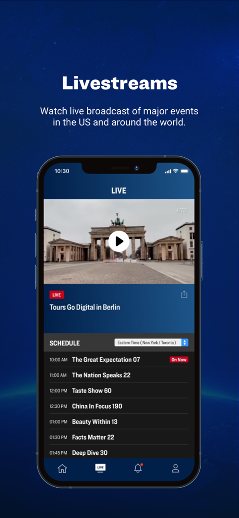 NTD: Live TV & Breaking News - NTD app screenshot showing a live video broadcast from Berlin and a daily TV program schedule including China In Focus and Facts Matter.