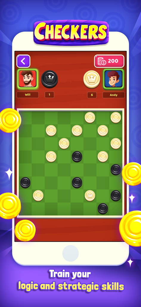 A mobile screen showing a checkers game in progress between two players with a green board and logic-themed caption.