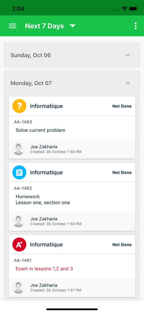 eSchool Agenda - Écran mobile de eSchool Agenda montrant un emploi du temps d'étudiant avec les détails des devoirs et des examens pour les sept prochains jours
