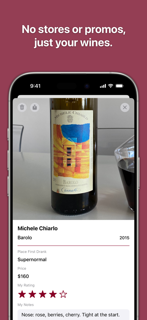Una entrada detallada de registro de vinos en la aplicación My Wines con una foto de una botella de Barolo con valoración y notas personales