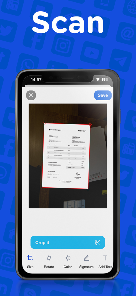 An iPhone screen displaying the document scanning and cropping interface of the Send Fax App