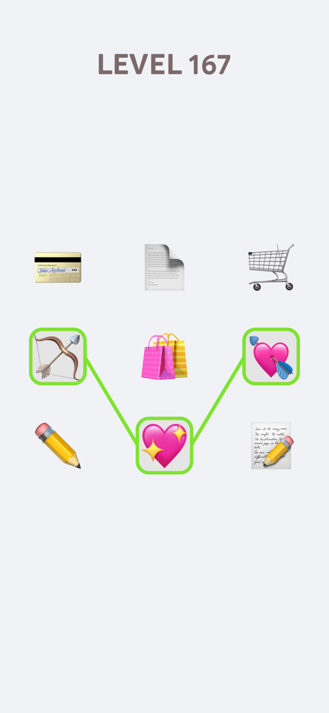 Emoji Puzzle! - 연관성으로 매칭할 다양한 이모티콘 아이콘을 보여주는 Emoji 퍼즐의 모바일 게임 화면, 레벨 167.