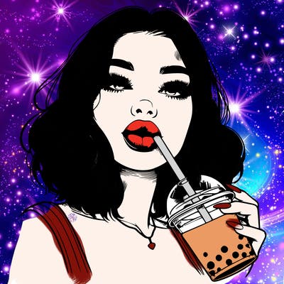 realistic girl with glossy lips holding boba