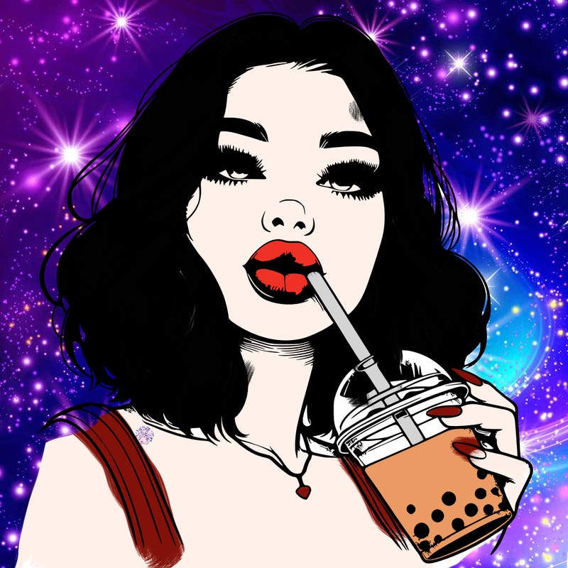 realistic girl with glossy lips holding boba